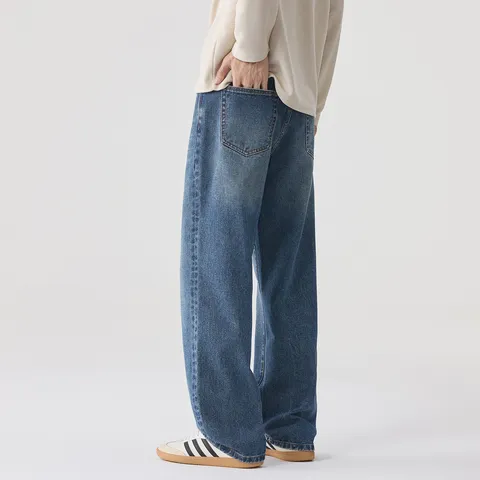 Jeans in Denim Retro Vintage High Street da Uomo Blu Lavato Gamba Dritta Larga Pantaloni Lunghi Casual Streetwear