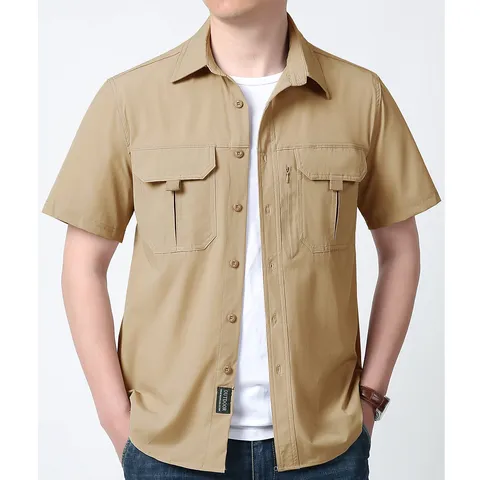 Herren Casual Kurzarm Hemd Lockere Passform Umlegekragen Knopfleiste Rayon Sommer Tooling Hemd Mit Taschen