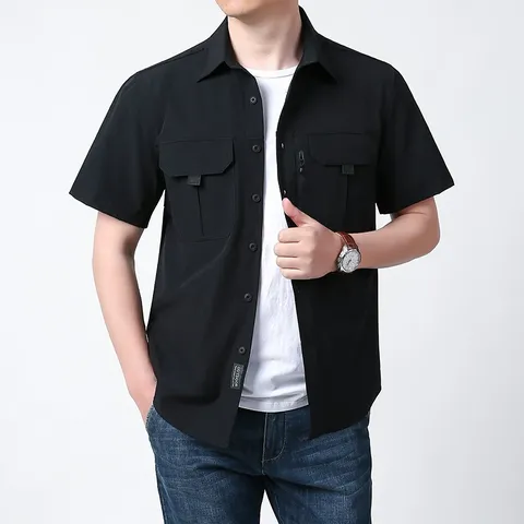 Herren Casual Kurzarm Hemd Lockere Passform Umlegekragen Knopfleiste Rayon Sommer Tooling Hemd Mit Taschen