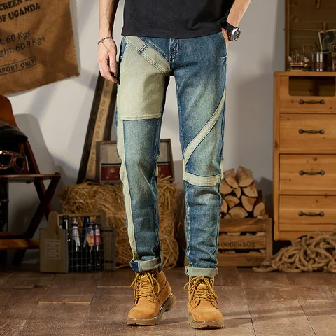 Vaqueros de Mezclilla Estilo Patchwork Vintage para Hombre Corte Ajustado Elástico Casual Retro Moto Ajustado Pantalón Largo