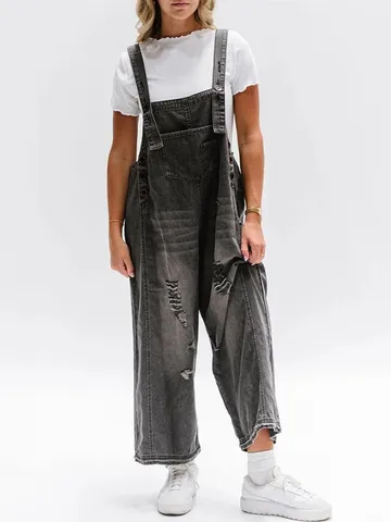 Women's Vintage Distressed Ripped Denim Overalls Casual Loose Cropped Jumpsuit