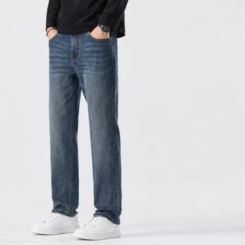 Men's Casual Business Stretch Jeans Loose Straight Fit Denim Pants Classic Washed Long Trousers Male Apparel
