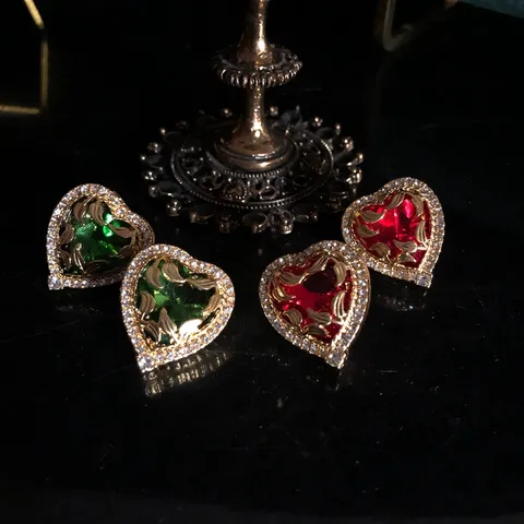 Pendientes de Botón de Corazón Retro Vintage de Cobre con Vidrio Incrustado y Strass Joyería de Moda Elegante para Mujeres
