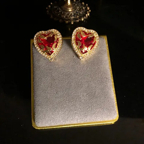 Pendientes de Botón de Corazón Retro Vintage de Cobre con Vidrio Incrustado y Strass Joyería de Moda Elegante para Mujeres