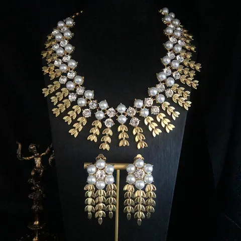 Conjunto de Joyas de Collar y Pendientes de Borla de Espiga de Trigo de Aleación Vintage con Perla Artificial y Strass