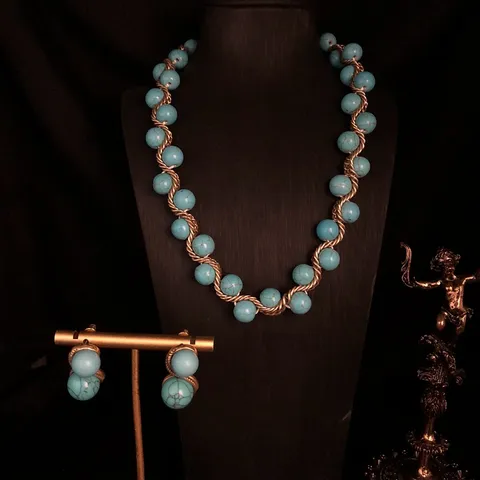 Vintage Retro Hecho A Mano Tejido Turquesa Lapislázuli Collar Pendientes Conjunto Antiguo Oro Aleación Joyas Conjunto Para Mujeres Regalo