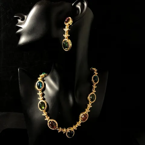 Vintage Chapado en Oro Colorido Ovalado Craquelado Gema Estrás Collar Y Pendientes Conjunto Joyería de Moda para Mujer