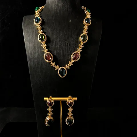 Vintage Chapado en Oro Colorido Ovalado Craquelado Gema Estrás Collar Y Pendientes Conjunto Joyería de Moda para Mujer