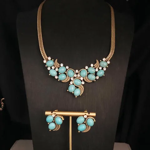 Vintage Retro Lapislázuli Turquesa Perla Diamante de Imitación Collar Pendientes Conjunto Aleación Cadena de Cobre Joyería Regalo Para Mujeres