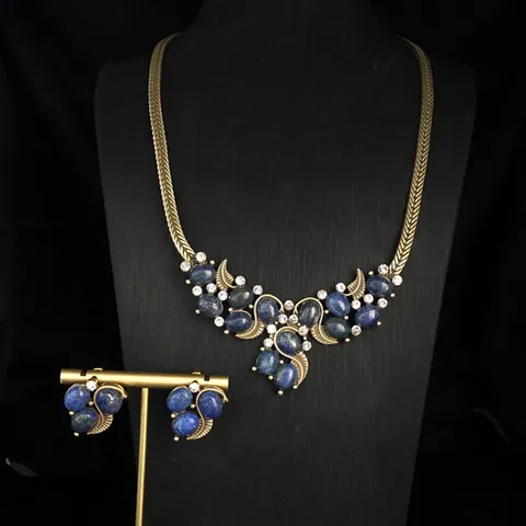 Vintage Retro Lapislázuli Turquesa Perla Diamante de Imitación Collar Pendientes Conjunto Aleación Cadena de Cobre Joyería Regalo Para Mujeres