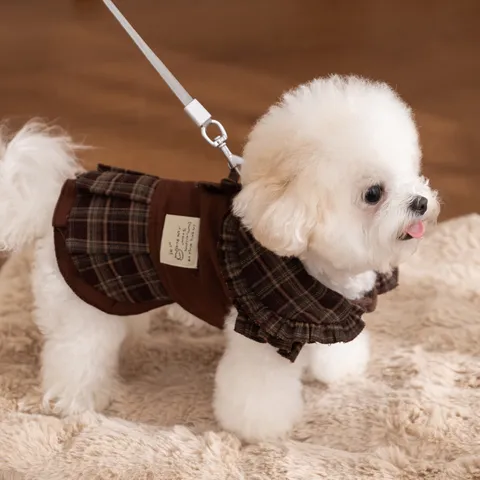 Elegant Polyester Plaid Pet Dress Warm Thickened Autumn Winter Dog Clothes Ruffle Collar Bow Tie Puppy Costume For Small Medium Dogs Cats