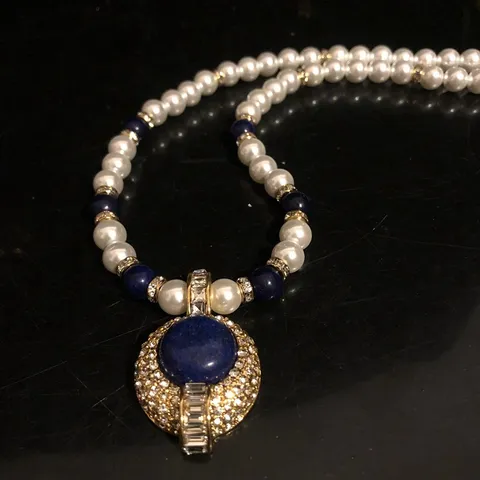 Estilo de Corte Vintage Piedra Azul Lapislázuli Perla Artificial Strass Collar Pendientes Conjunto de Joyas para Mujeres
