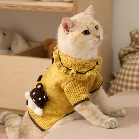 Cute Knitted Cat Sweater Warm Autumn Winter Pet Clothes For Cats Small Dogs Pullover With Ruffle Collar 3D Bear Ornament