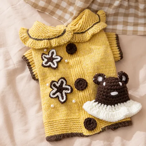 Cartoon Bear Knitted Pet Sweater For Small Dogs Cats Autumn Winter Warm Puppy Clothing Yellow Blue Teddy Bichon Cat Sweater