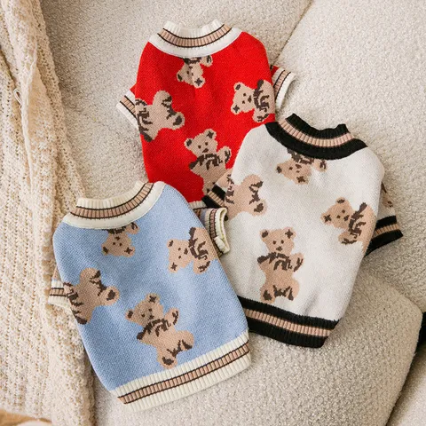 Autumn Winter Pet Dog Sweater Cute Bear Print Knitted Cardigan Warm Clothes For Small Medium Dogs Cats Puppy Outfit