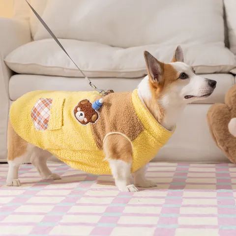 Cappotto In Pile Polare Per Cani Autunno Inverno Vestiti Caldi A Due Zampe Blocco Di Colore Applique Orso Tasca A Quadri Abbigliamento Cani Con Anello A D