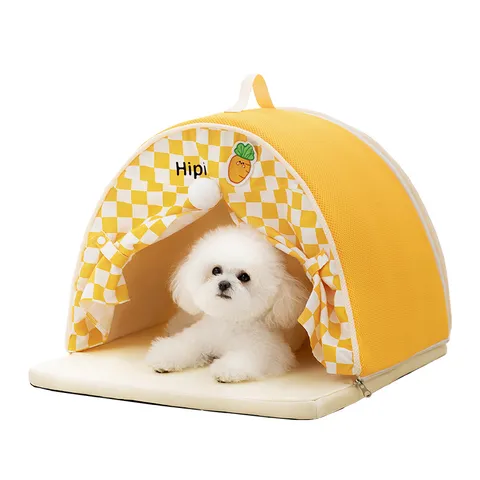 Summer Cooling Pet Tent House For Small Dogs Cats Breathable Ice Silk Plaid Dog House With Removable Mat Portable Pet Bed