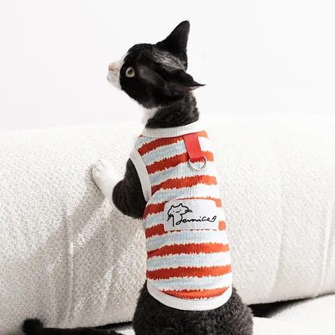 Süße Gestreifte Haustier Weste Kleid Mit D-Ring Leichte Atmungsaktive Katzenkleidung Für Sphynx Kleine Hunde Sommer Outdoor