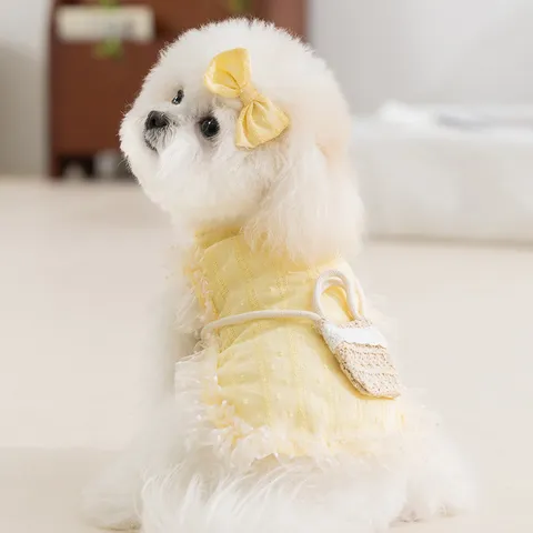 Pastorales Prinzessin Haustier Weste Kleid Set Mit Mini Strohtasche Haarnadel Netzspitzen Rüsche Pünktchen Hunde Kleidung Für Kleine Mittlere Hunde Katzen