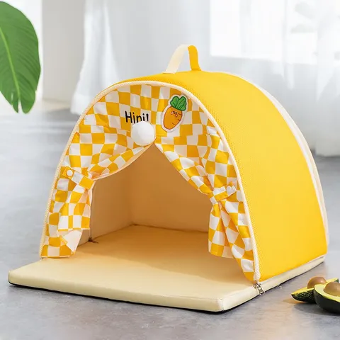 Summer Cooling Pet Tent House For Small Dogs Cats Breathable Ice Silk Plaid Dog House With Removable Mat Portable Pet Bed