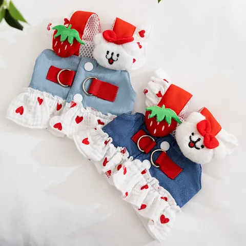 Pet Dog Strawberry Denim Harness Dress With Leash Cute Bear Princess Puppy Skirt For Small Dogs Cats Pink Heart Ruffle Pet Clothes