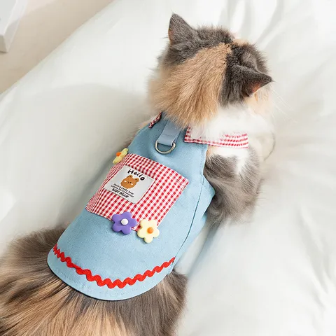 Pet Cat Dog Denim Suspender Skirt Cute Plaid Pocket Bear Princess Dress For Spring Summer Small Medium Dogs Cats Clothing