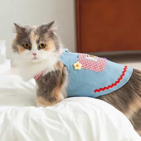 Pet Cat Dog Denim Suspender Skirt Cute Plaid Pocket Bear Princess Dress For Spring Summer Small Medium Dogs Cats Clothing