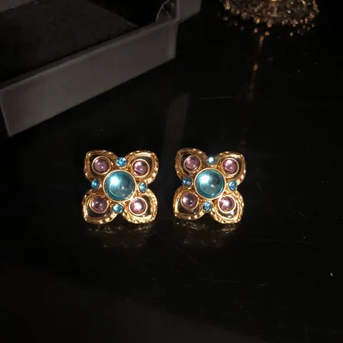 Pendientes de Botón con Flor de Vidrio Azul Vintage Strass Chapado en Oro Aleación Joyería Elegante para Mujer Regalo