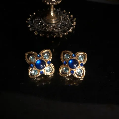 Retro Vintage Doble Capa Floral Azul Real Vidrio Strass Pendientes de Botón Elegante Joyería Aleación Regalo