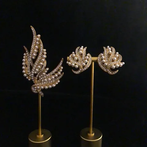 Vintage Barroco Estilo Corte Aleación Broche Y Pendientes Set Perla Artificial Strass Elegante Joya Regalo Para Mujer