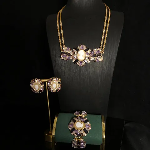 Estilo Corte Vintage Aleación Strass Camafeo Collar Pulsera Pendientes Conjunto Exagerado Lujo Mujer Joyería