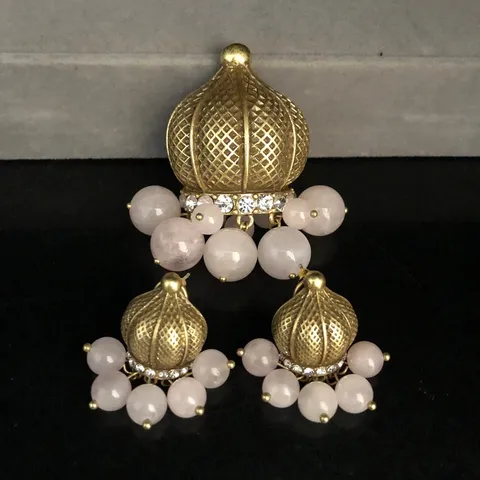 Conjunto de Joyas de Broche y Pendientes de Strass Perla Artificial Cristal Rosa Turquesa Bañado en Oro Antiguo Vintage