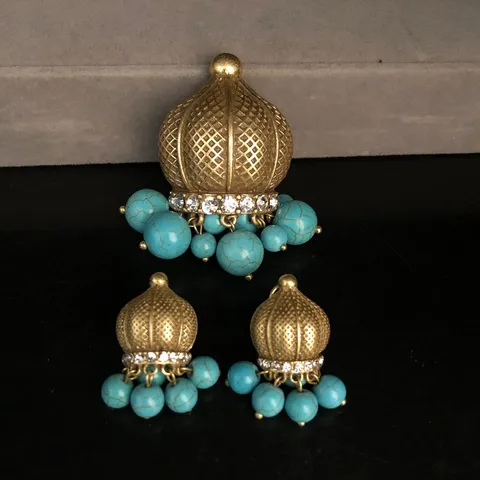 Conjunto de Joyas de Broche y Pendientes de Strass Perla Artificial Cristal Rosa Turquesa Bañado en Oro Antiguo Vintage