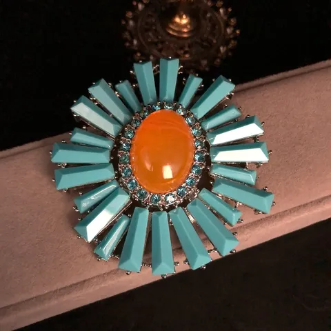 Vintage Azul Largo Taladro Naranja Broche Y Pendiente Conjunto Aleación Diamante De Imitación Floral Moda Joyería Regalo Para Mujeres