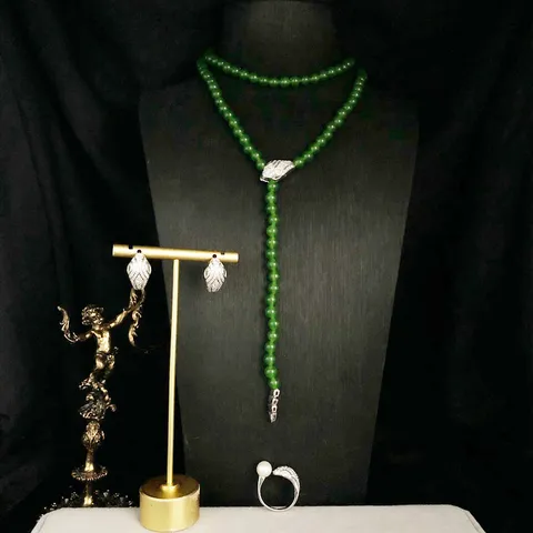 Conjunto de Joyas de Serpiente de Cobre de Lujo Vintage Con Cuentas de Ágata Verde Strass Anillo Abierto Pendientes Collar Mujer