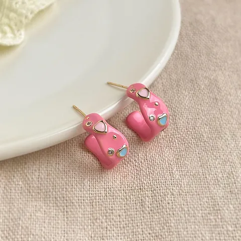 Bunte Dopamin Emaille C-Form Ohrstecker Für Damen Süß Herz Strass Tropföl Creolen Silberstift Schmuck Geschenk