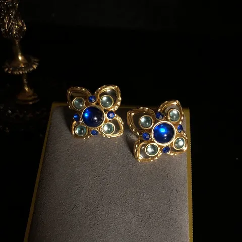 Retro Vintage Doble Capa Floral Azul Real Vidrio Strass Pendientes de Botón Elegante Joyería Aleación Regalo