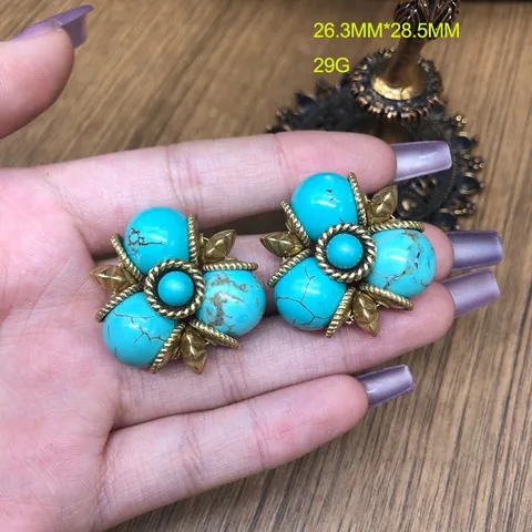 Pendientes de Botón de Estilo Retro Occidental Ágata Verde Turquesa Ágata Roja Aleación Chapada en Oro Poste de Plata 925 Joyería