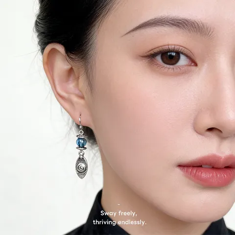 Vintage Handmade Antique Silver Leaf Dangle Earrings For Women With Blue Beads Sun Spiral Pattern Ethnic Boho Jewelry Gift