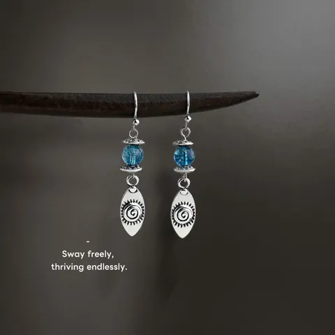 Vintage Handmade Antique Silver Leaf Dangle Earrings For Women With Blue Beads Sun Spiral Pattern Ethnic Boho Jewelry Gift