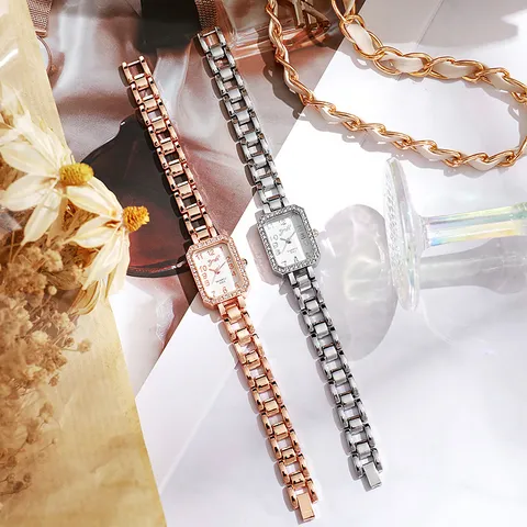 Reloj de Cuarzo de Diamantes de Imitación Cuadrado Elegante para Mujer Moda Cadena de Aleación Reloj de Pulsera Joyería de Mano Casual Regalos