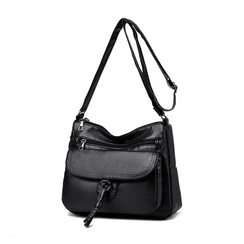 Sac Bandoulière en Cuir PU Souple pour Femmes Sac à Épaule Multi-Poches Décontracté Imperméable Quotidien pour Mères