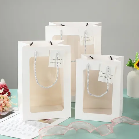 Witte Kartonnen Cadeautas Transparant Venster Draagtas Bloemenverpakking Valentijnsdag Cadeautas Met Handvatten