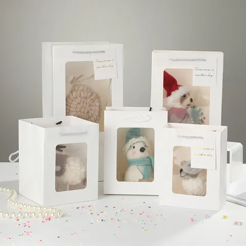 Clear Window Gift Paper Bag Handheld Packaging Bag With Handles For Flower Bouquet Wedding Party Storage Gift Wrapping