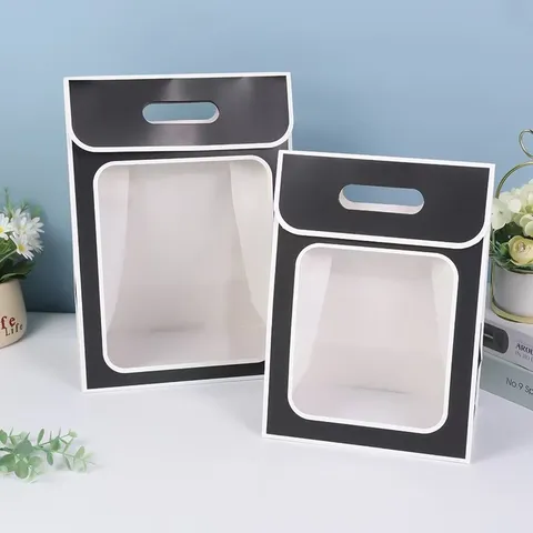 Transparent Window Gift Paper Bag Flip Top Handbag Floral Packaging Present Bag