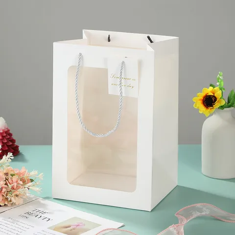 Witte Kartonnen Cadeautas Transparant Venster Draagtas Bloemenverpakking Valentijnsdag Cadeautas Met Handvatten