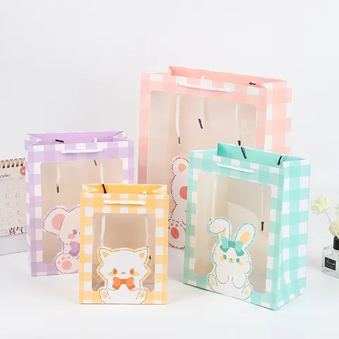 Cute Cartoon Plaid Gift Bag With Transparent Window Paper Handbag For Birthday Wedding Party Present Packaging