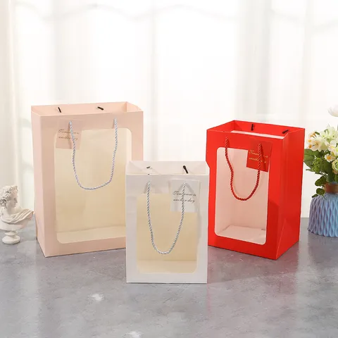 Transparent Window Gift Paper Bag Tote With Handle Valentine Teacher Day Packaging Bag Party Wedding Favor Goodie Bag