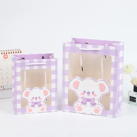 Cute Cartoon Plaid Gift Bag With Transparent Window Paper Handbag For Birthday Wedding Party Present Packaging