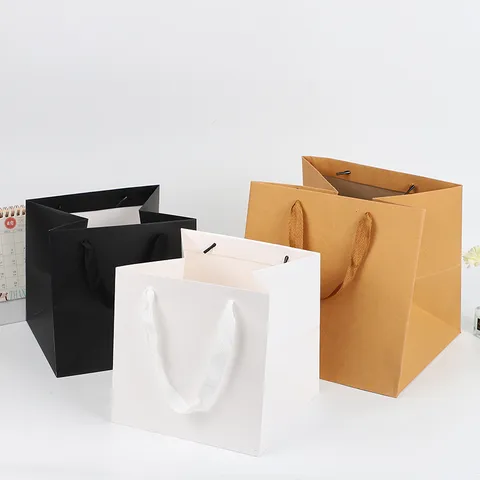 Sac Cadeau en Papier Carré Avec Poignée en Ruban Gâteau d'Anniversaire Bouquet de Fleurs Sac d'Emballage Marbre Couleurunie Cabas